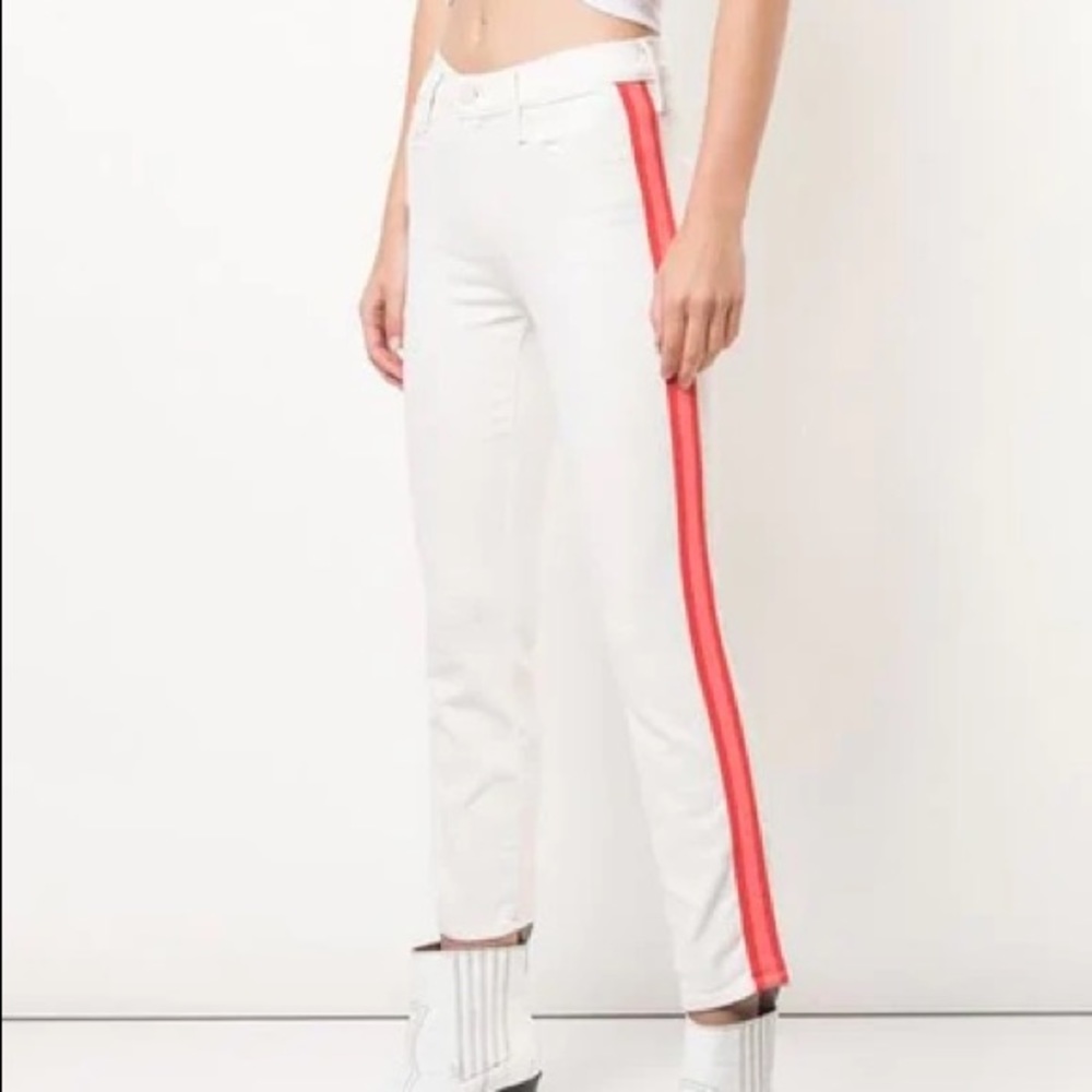 MOTHER Women’s The Dazzler Mid-rise Crop straight-leg racing stripe jeans white